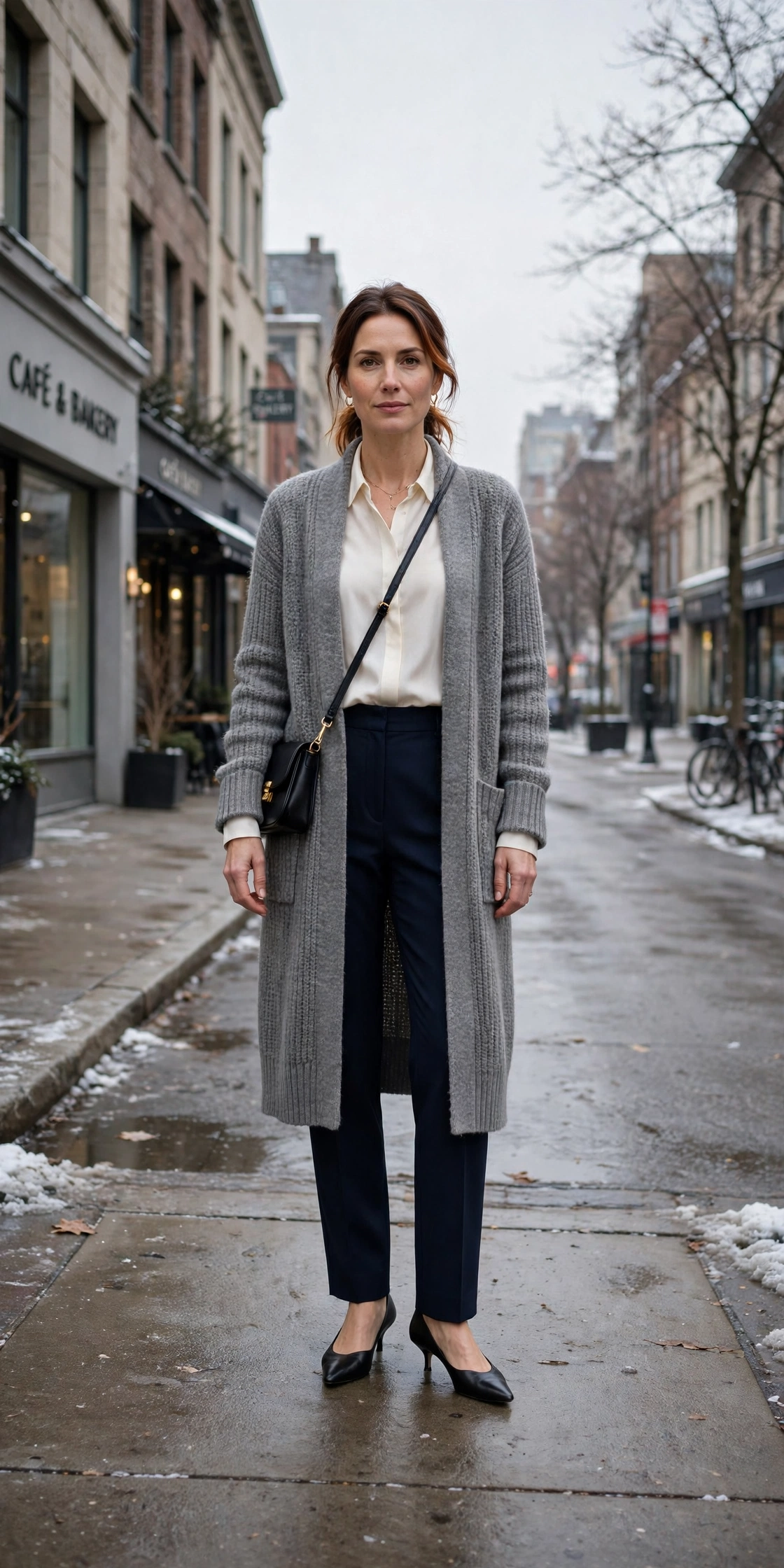 33 Women in their 30s winter layering outfits with a long cardigan and ankle boots That Are Chic, Warm and Elegant 3 Long grey cardigan, ivory blouse with navy trousers and kitten heels