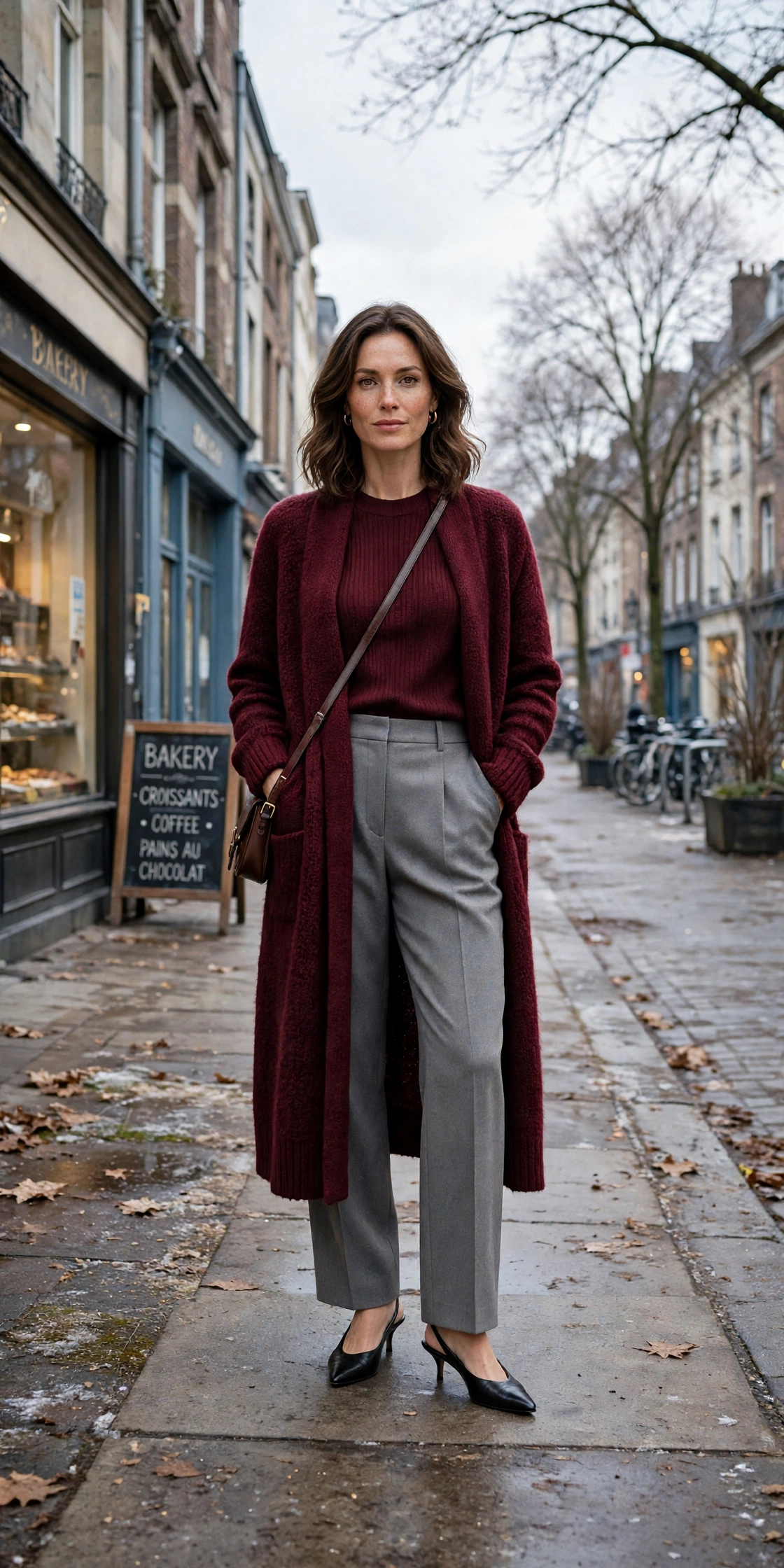 33 Women in their 30s winter layering outfits with a long cardigan and ankle boots That Are Chic, Warm and Elegant 4 Long burgundy cardigan, wine knit top with grey trousers and kitten heels