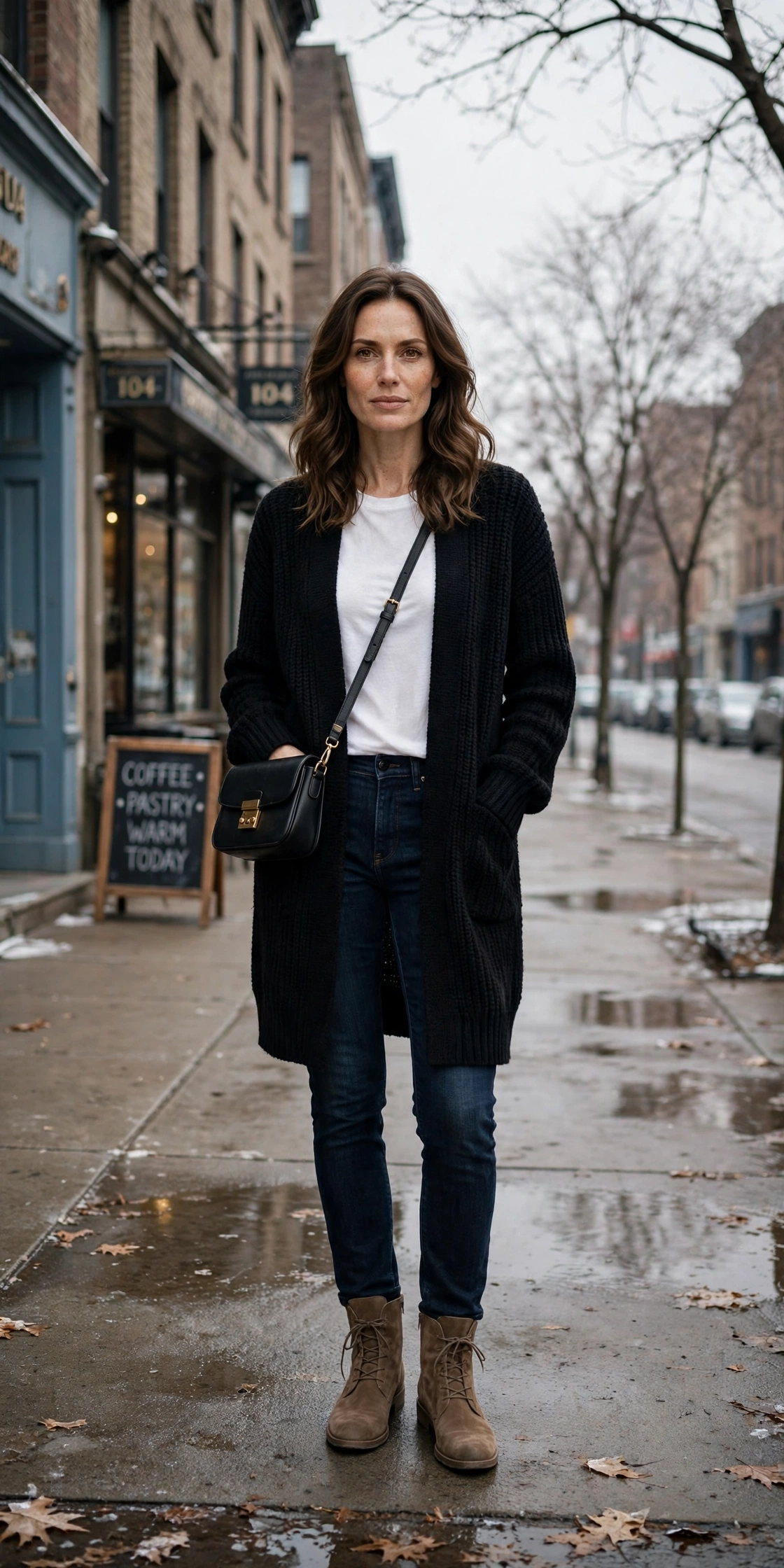 33 Women in their 30s winter layering outfits with a long cardigan and ankle boots That Are Chic, Warm and Elegant 5 Long black cardigan, white top with dark jeans and suede ankle boots