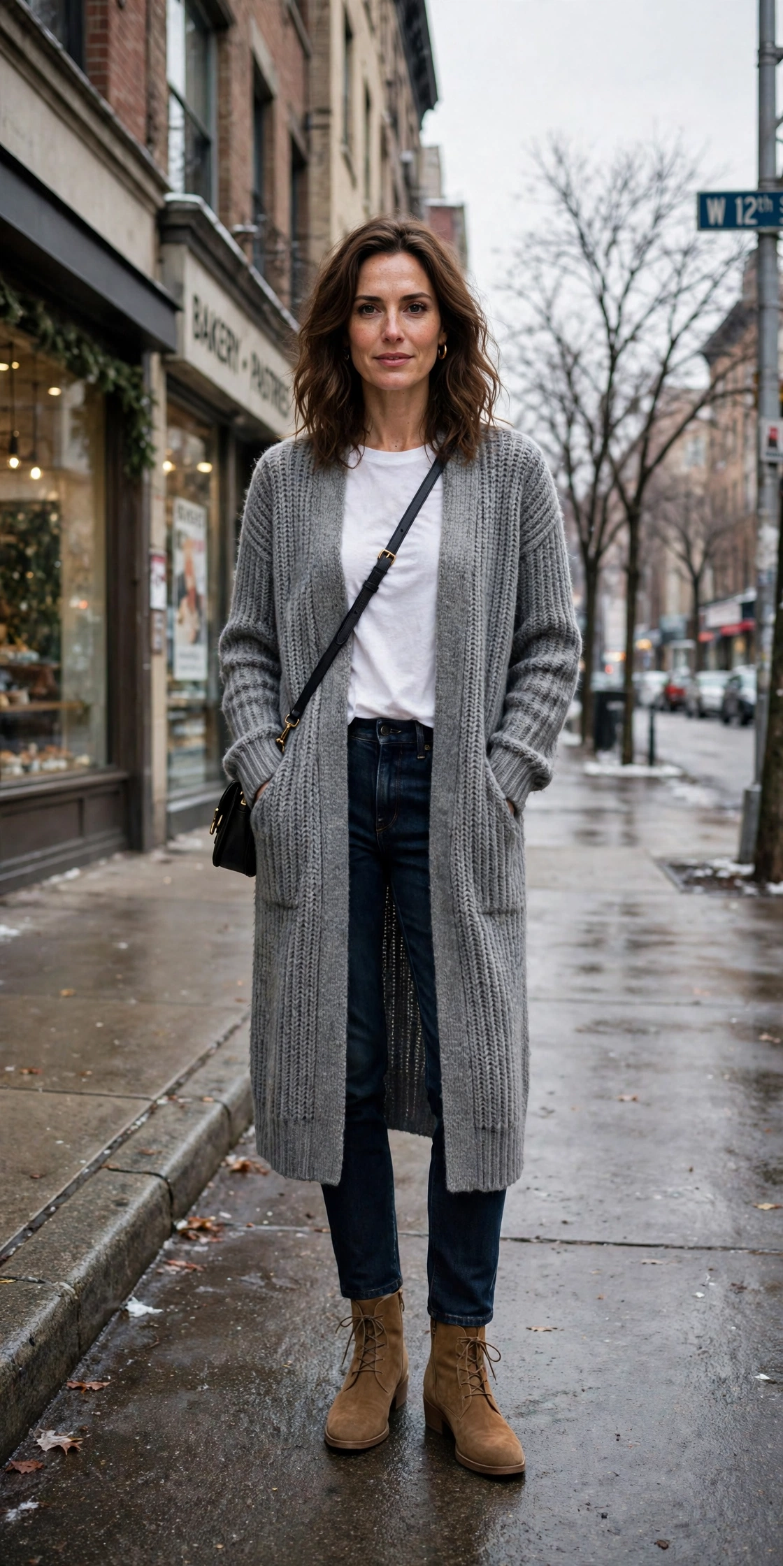 33 Women in their 30s winter layering outfits with a long cardigan and ankle boots That Are Chic, Warm and Elegant 6 Long grey cardigan, white top with dark jeans and suede ankle boots