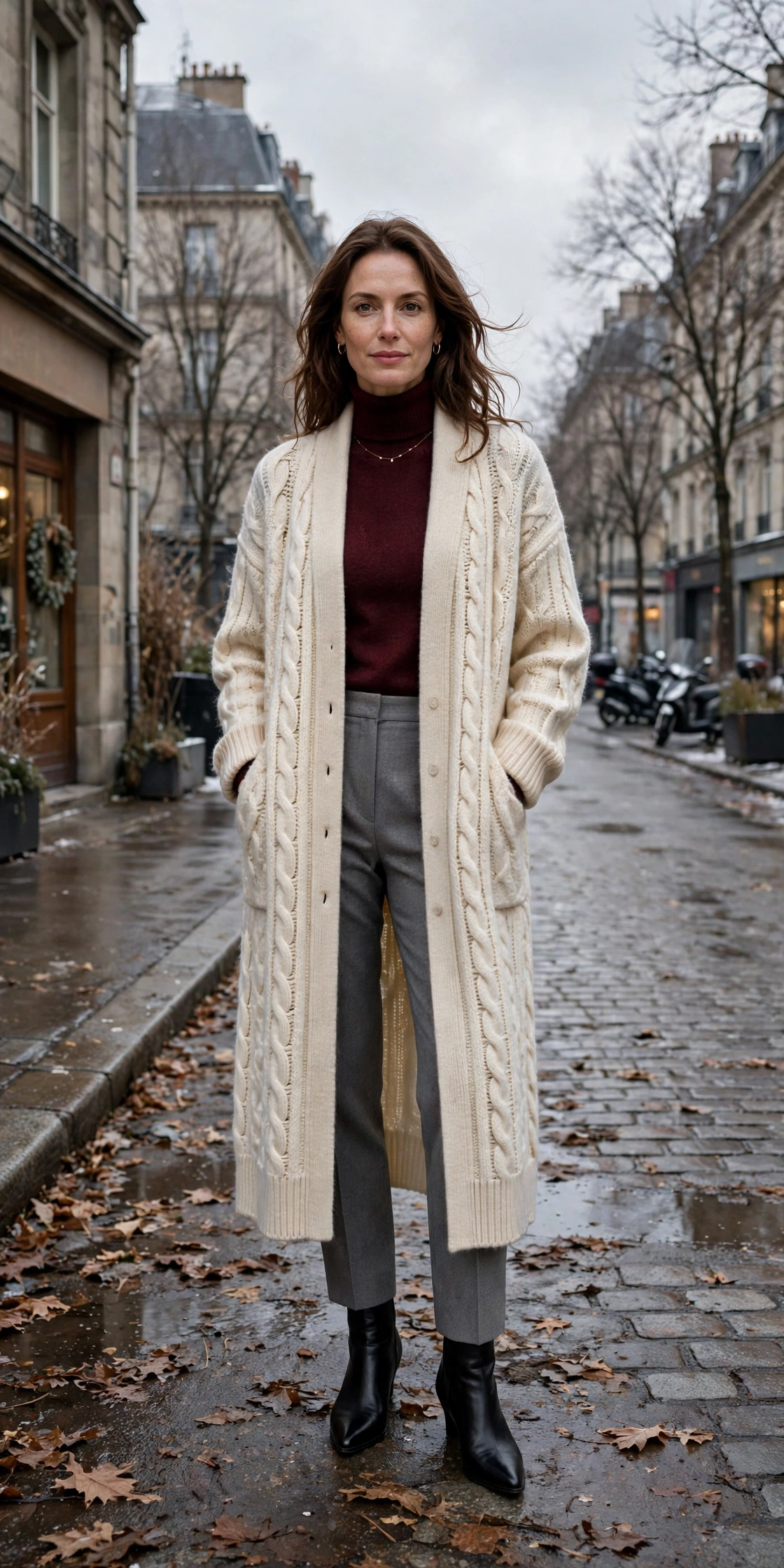 33 Women in their 30s winter layering outfits with a long cardigan and ankle boots That Are Chic, Warm and Elegant 7 Long cream cardigan, wine knit top with grey trousers and black pointed boots