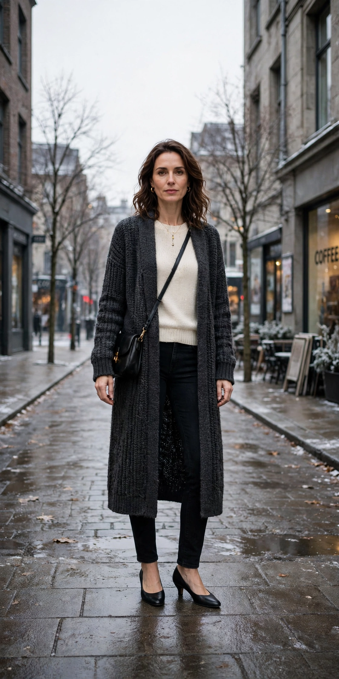 33 Women in their 30s winter layering outfits with a long cardigan and ankle boots That Are Chic, Warm and Elegant 10 Long charcoal cardigan, cream knit top with black jeans and low-heeled pumps