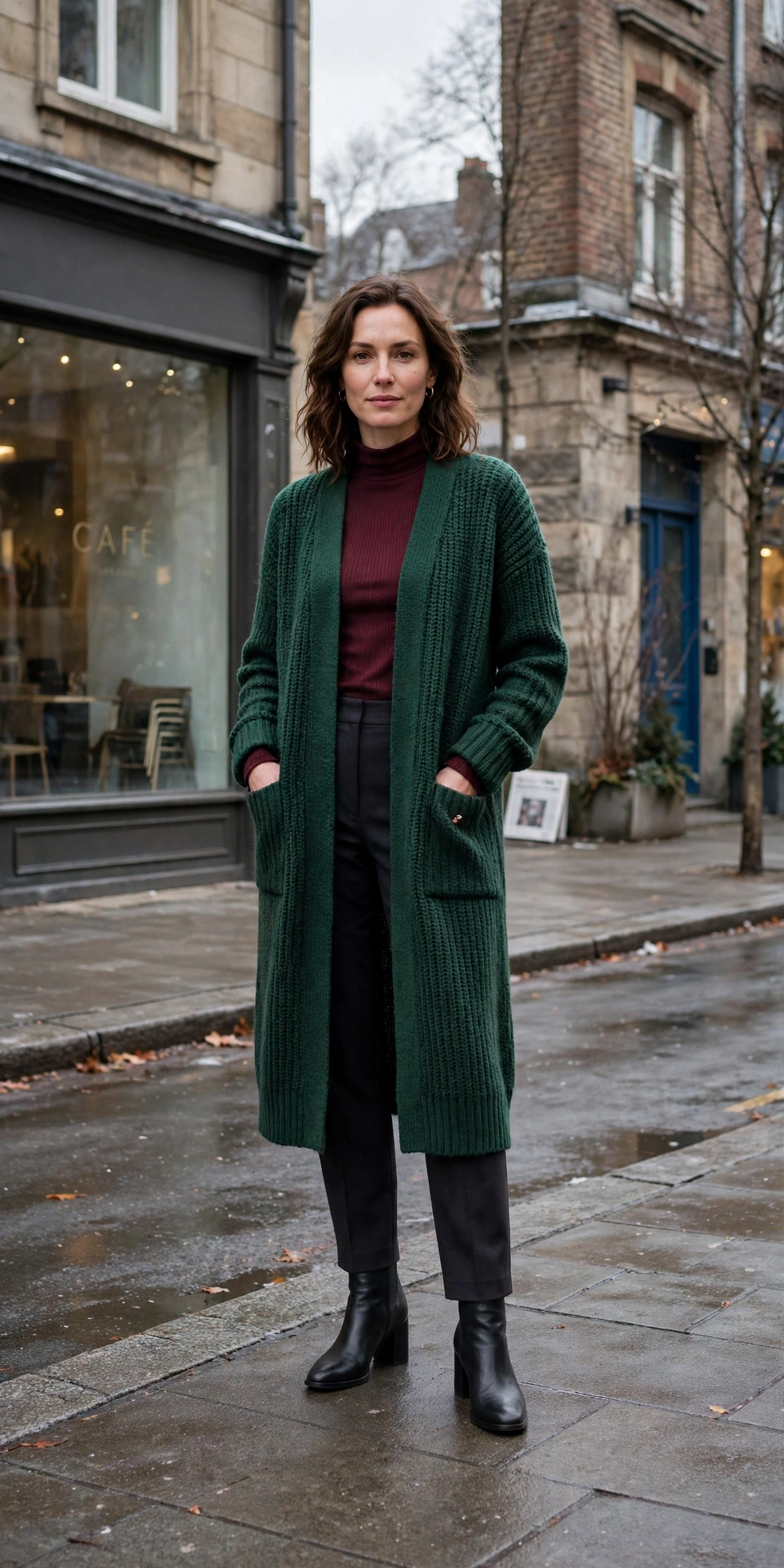 33 Women in their 30s winter layering outfits with a long cardigan and ankle boots That Are Chic, Warm and Elegant 12 Long forest green cardigan, burgundy top with dark trousers and block-heel ankle boots