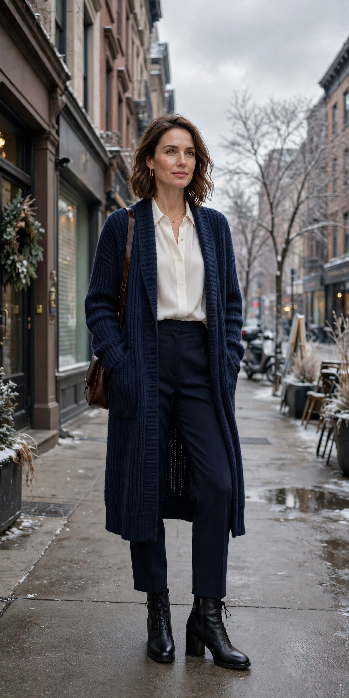 33 Women in their 30s winter layering outfits with a long cardigan and ankle boots That Are Chic, Warm and Elegant 15 Long navy cardigan, ivory blouse with navy trousers and block-heel ankle boots