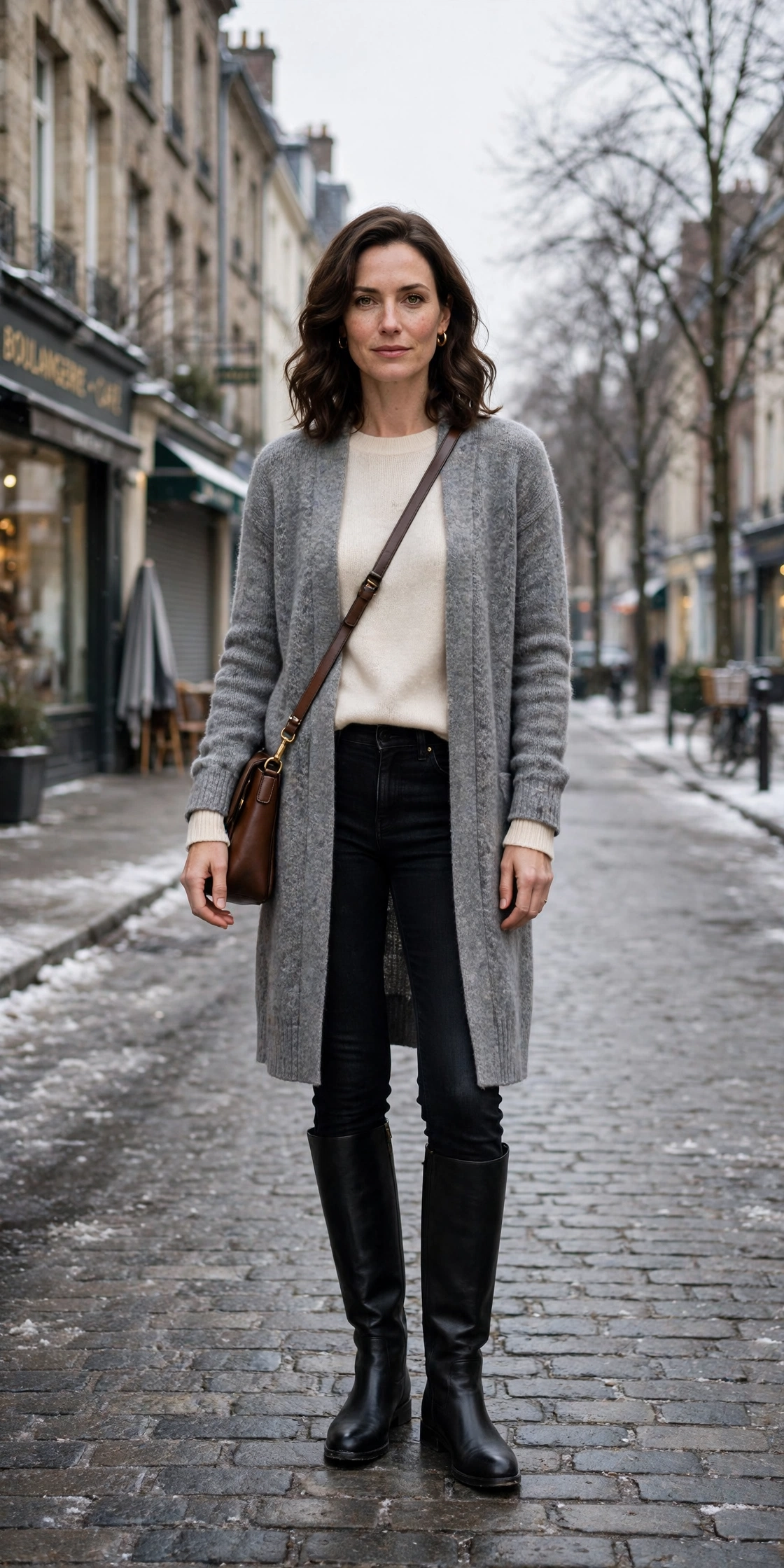 33 Women in their 30s winter layering outfits with a long cardigan and ankle boots That Are Chic, Warm and Elegant 16 Long grey cardigan, cream knit top with black jeans and knee-high boots