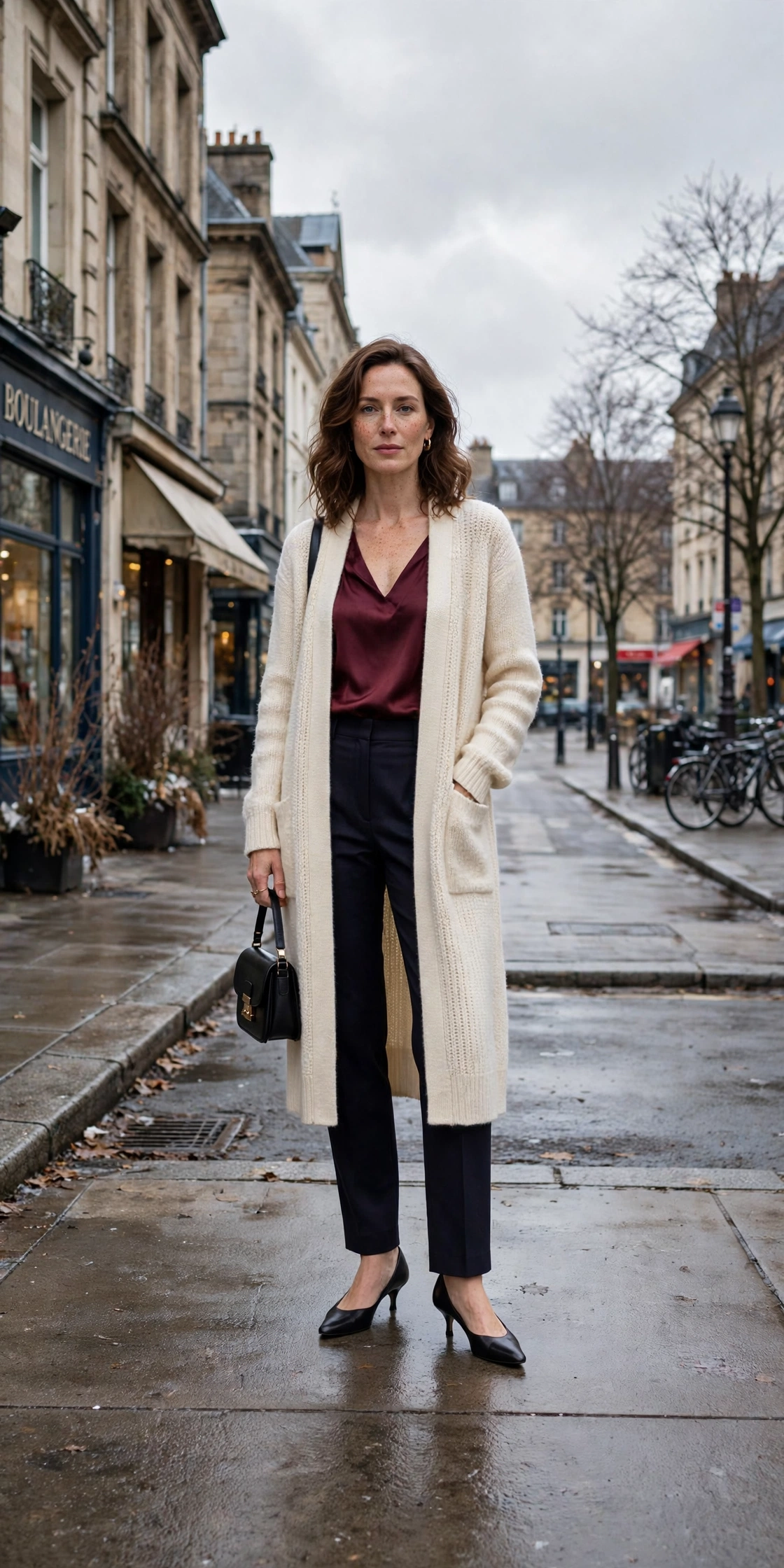 33 Women in their 30s winter layering outfits with a long cardigan and ankle boots That Are Chic, Warm and Elegant 19 Long cream cardigan, burgundy top with dark trousers and kitten heels