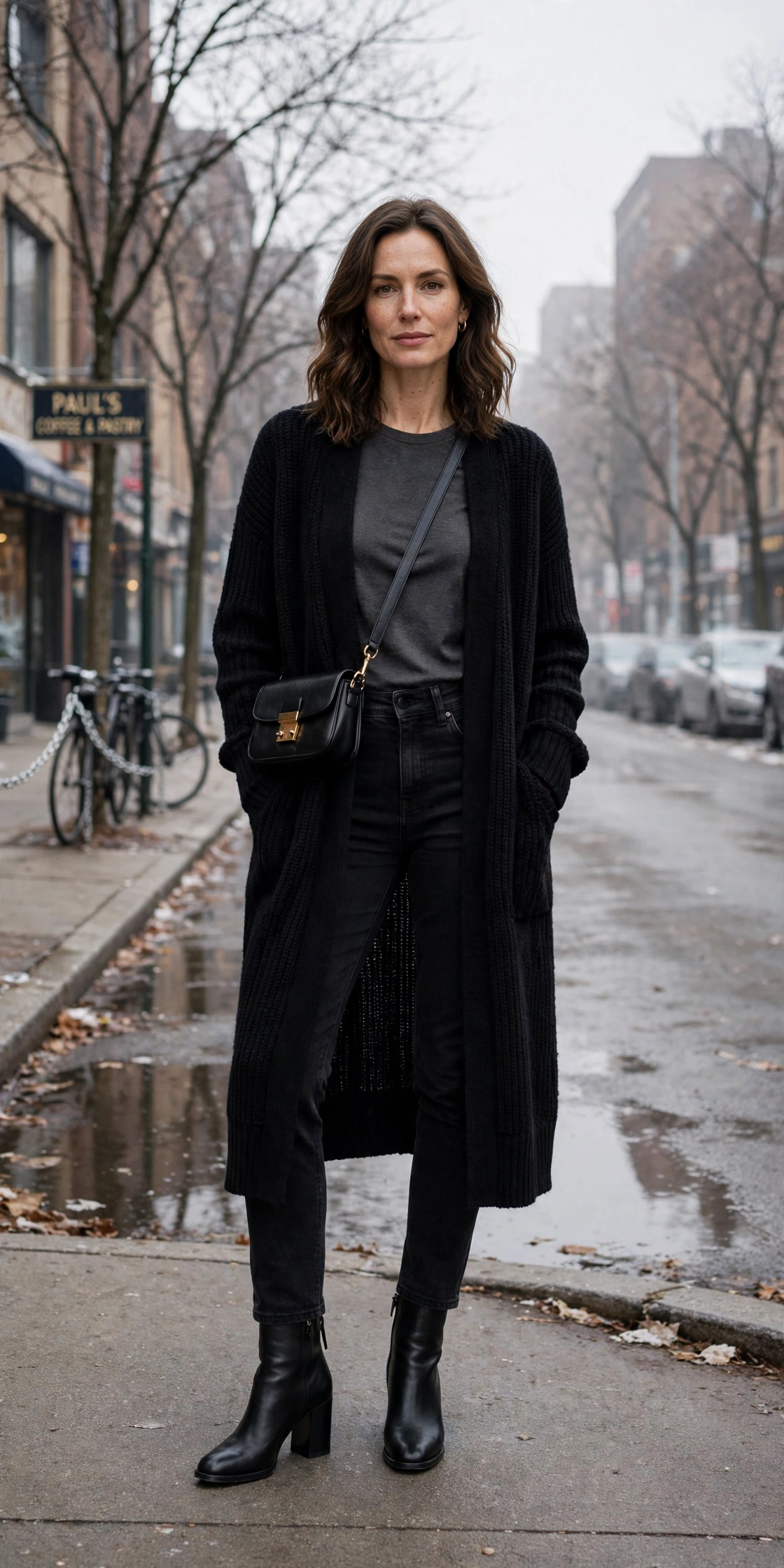 33 Women in their 30s winter layering outfits with a long cardigan and ankle boots That Are Chic, Warm and Elegant 21 Long black cardigan, charcoal top with black jeans and block-heel ankle boots