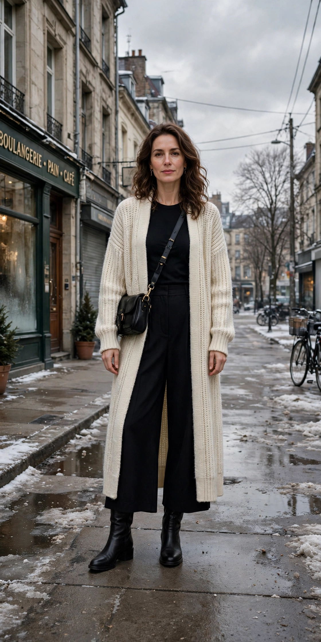 33 Women in their 30s winter layering outfits with a long cardigan and ankle boots That Are Chic, Warm and Elegant 22 Long cream cardigan, black top with wide-leg trousers and knee-high boots