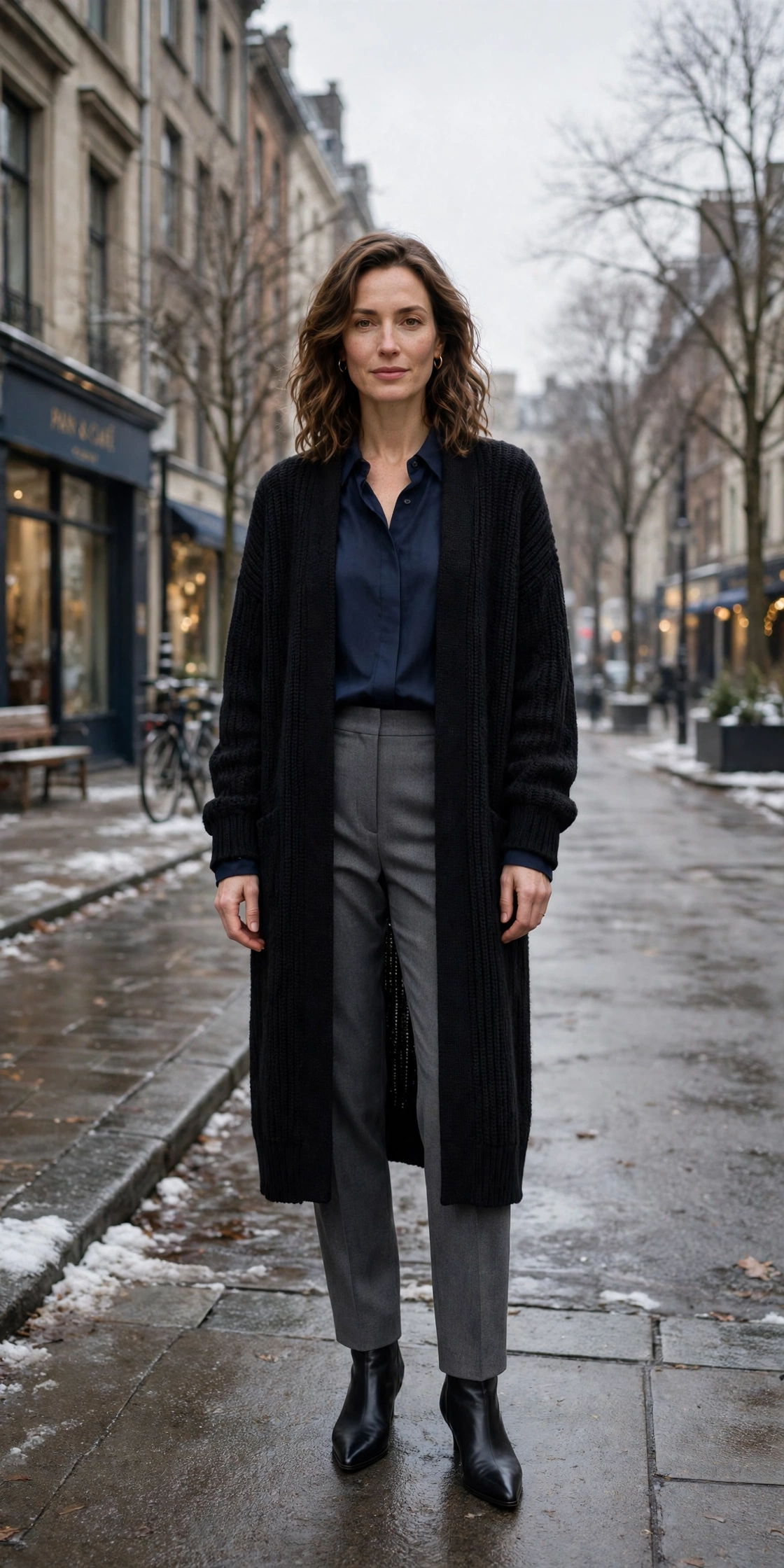 33 Women in their 30s winter layering outfits with a long cardigan and ankle boots That Are Chic, Warm and Elegant 23 Long black cardigan, navy blouse with grey trousers and black pointed boots