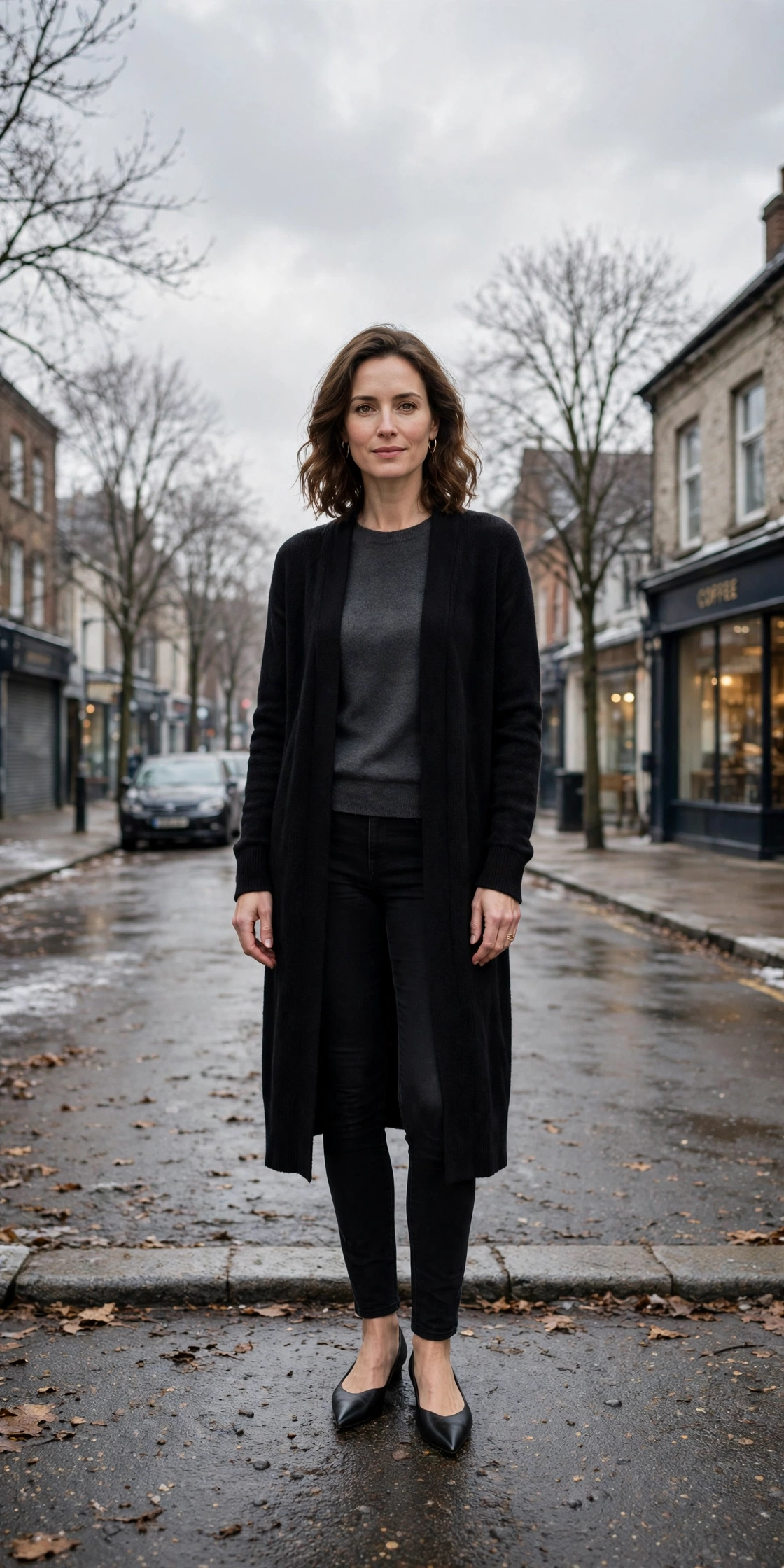 33 Women in their 30s winter layering outfits with a long cardigan and ankle boots That Are Chic, Warm and Elegant 24 Long black cardigan, charcoal top with black jeans and elegant pointed flats