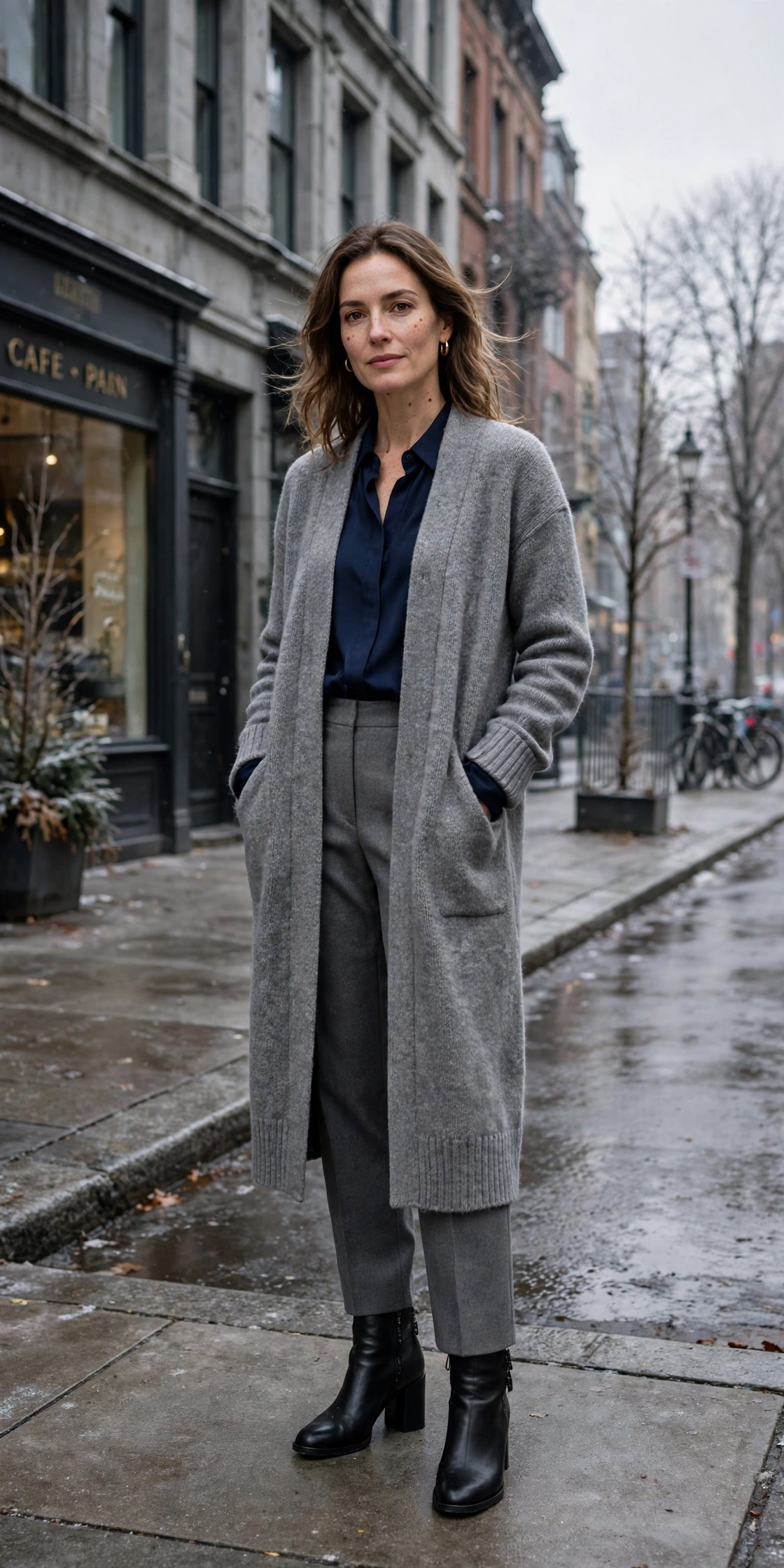 33 Women in their 30s winter layering outfits with a long cardigan and ankle boots That Are Chic, Warm and Elegant 25 Long grey cardigan, navy blouse with grey trousers and block-heel ankle boots