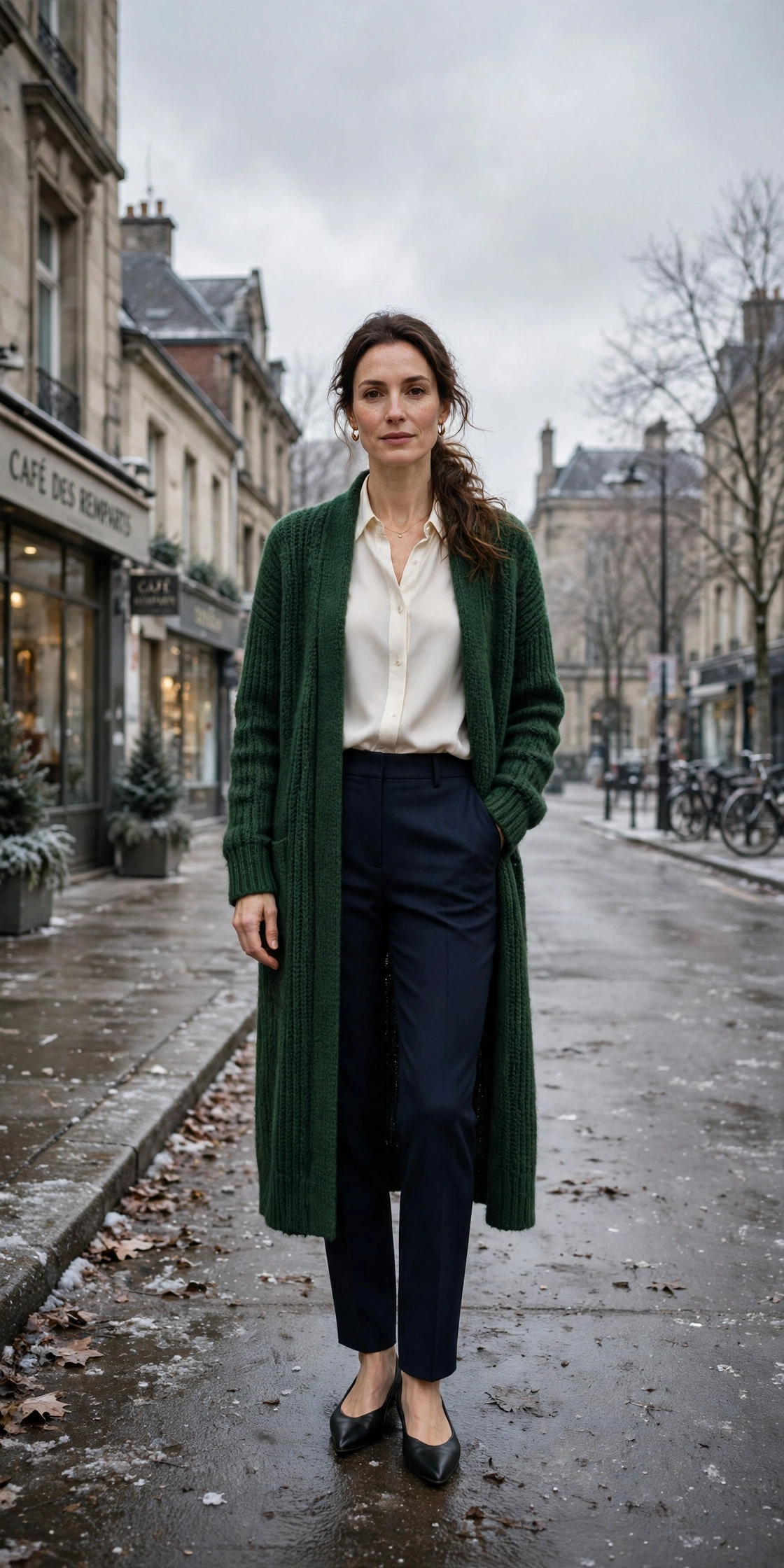 33 Women in their 30s winter layering outfits with a long cardigan and ankle boots That Are Chic, Warm and Elegant 26 Long forest green cardigan, ivory blouse with navy trousers and elegant pointed flats