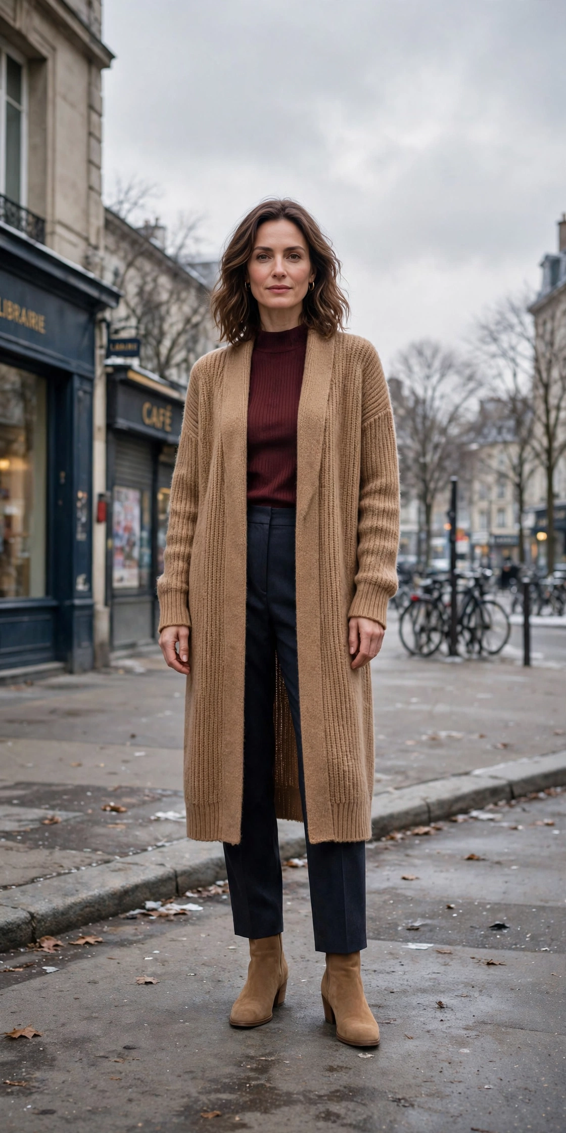33 Women in their 30s winter layering outfits with a long cardigan and ankle boots That Are Chic, Warm and Elegant 27 Long camel cardigan, burgundy top with dark trousers and suede ankle boots
