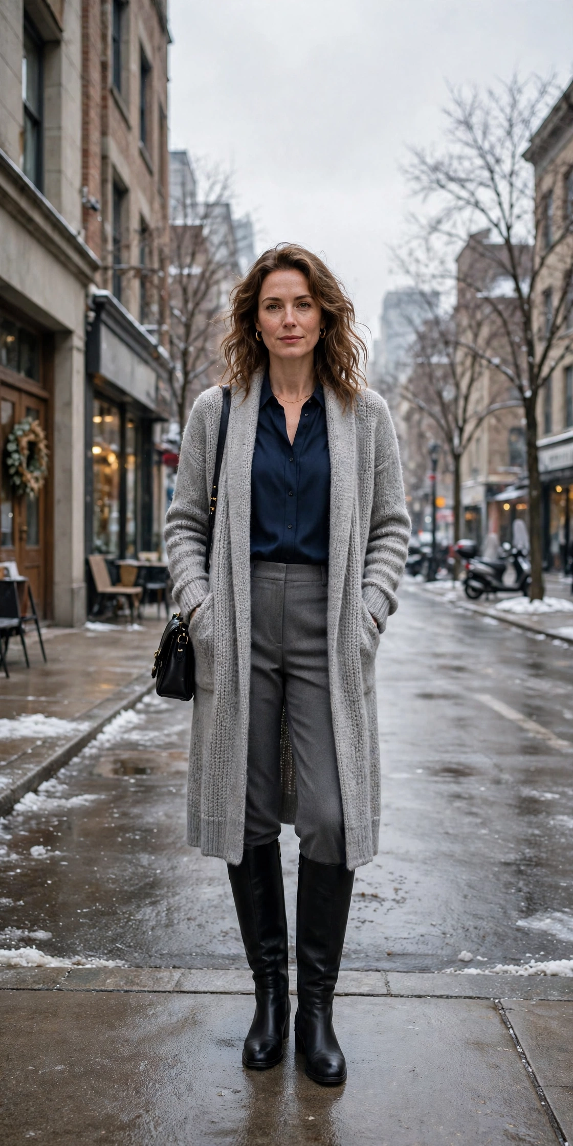33 Women in their 30s winter layering outfits with a long cardigan and ankle boots That Are Chic, Warm and Elegant 28 Long grey cardigan, navy blouse with grey trousers and knee-high boots