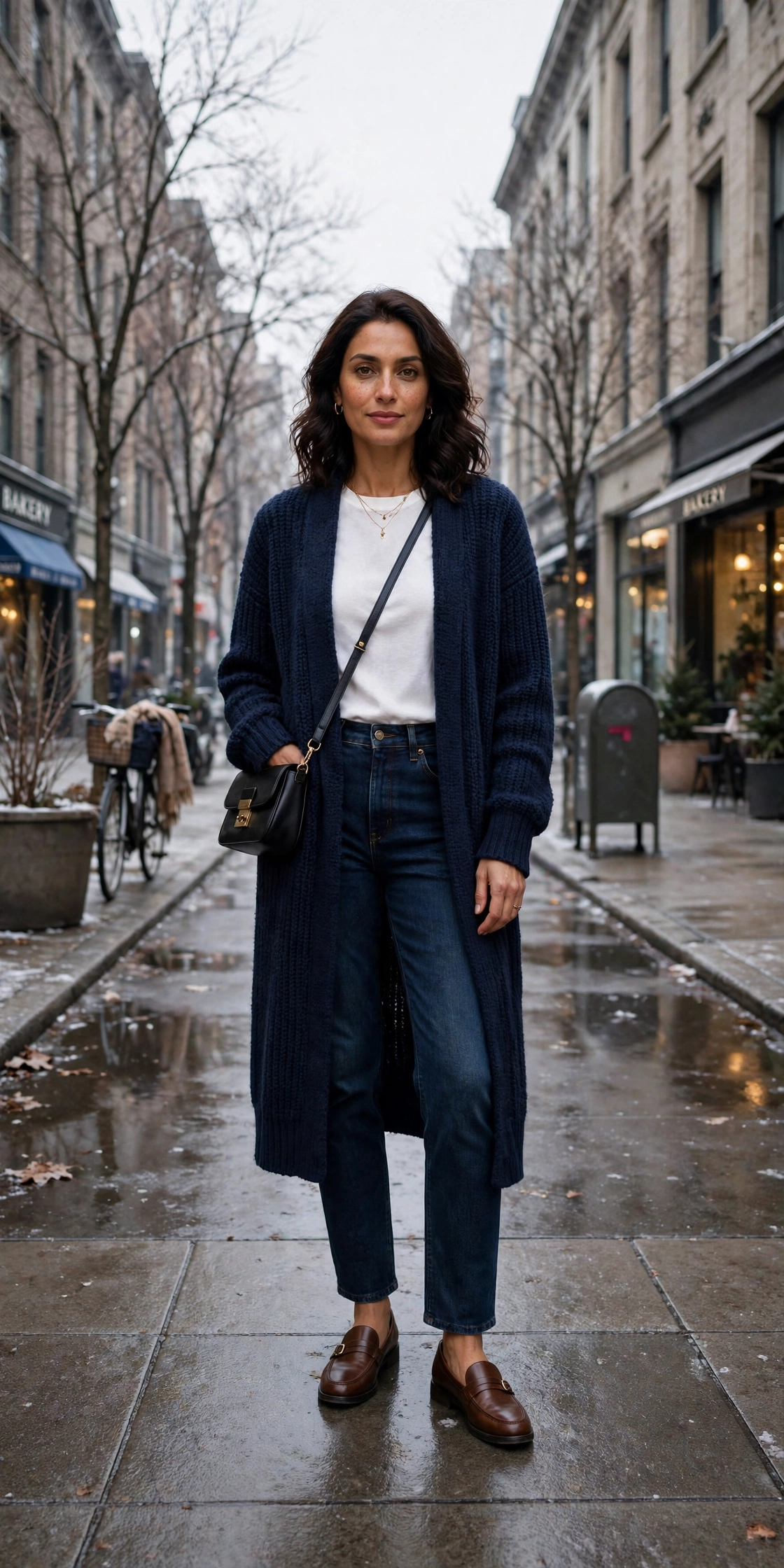 33 Women in their 30s winter layering outfits with a long cardigan and ankle boots That Are Chic, Warm and Elegant 29 Long navy cardigan, white top with dark jeans and classic loafers