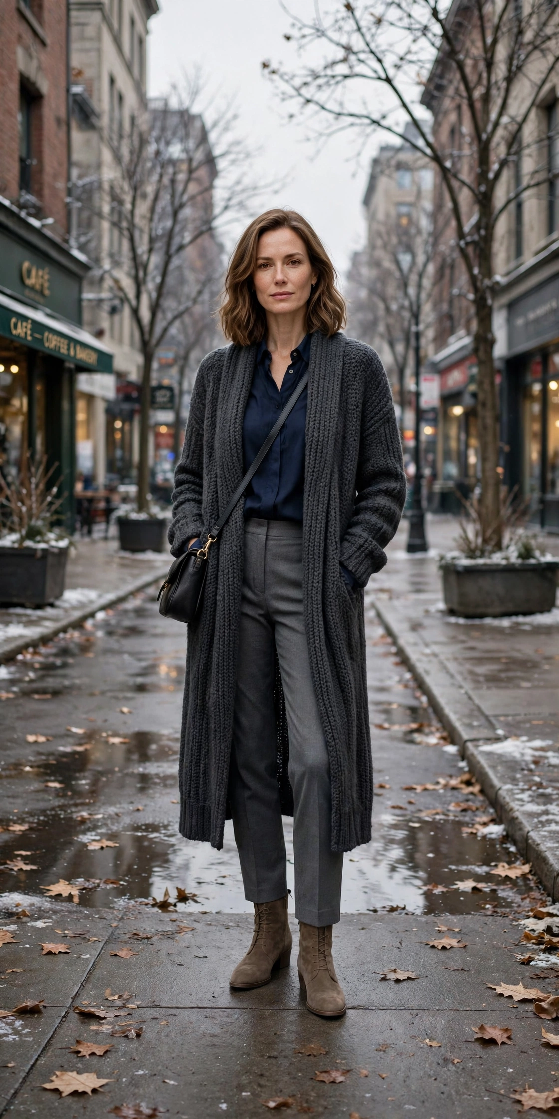 33 Women in their 30s winter layering outfits with a long cardigan and ankle boots That Are Chic, Warm and Elegant 31 Long charcoal cardigan, navy blouse with grey trousers and suede ankle boots