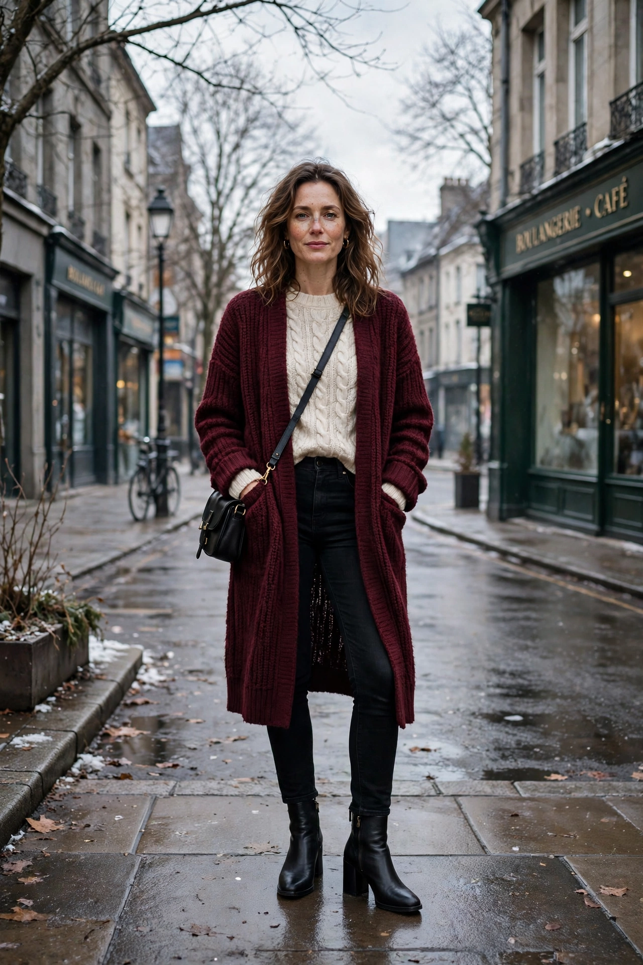 33 Women in their 30s winter layering outfits with a long cardigan and ankle boots That Are Chic, Warm and Elegant 32 Long burgundy cardigan, cream knit top with black jeans and block-heel ankle boots