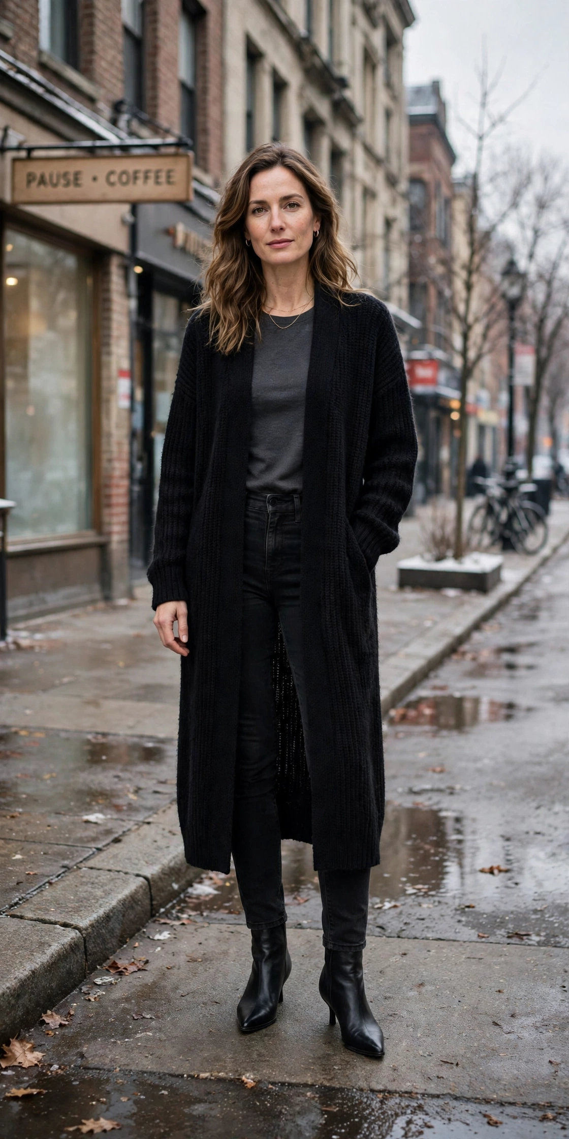 33 Women in their 30s winter layering outfits with a long cardigan and ankle boots That Are Chic, Warm and Elegant 33 Long black cardigan, charcoal top with black jeans and black pointed boots