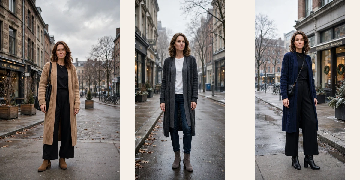 33 Women in their 30s winter layering outfits with a long cardigan and ankle boots That Are Chic, Warm and Elegant