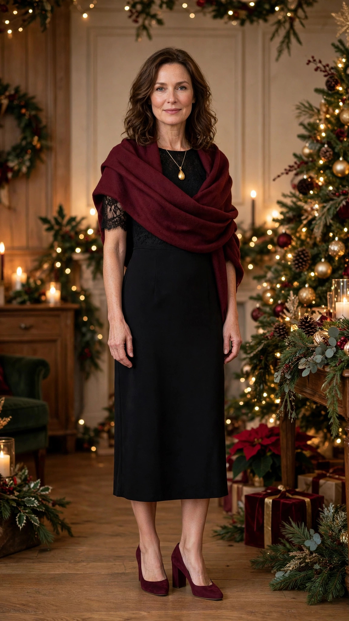 Black Party Midi Dress with a Burgundy Shawl and Burgundy Block Heels