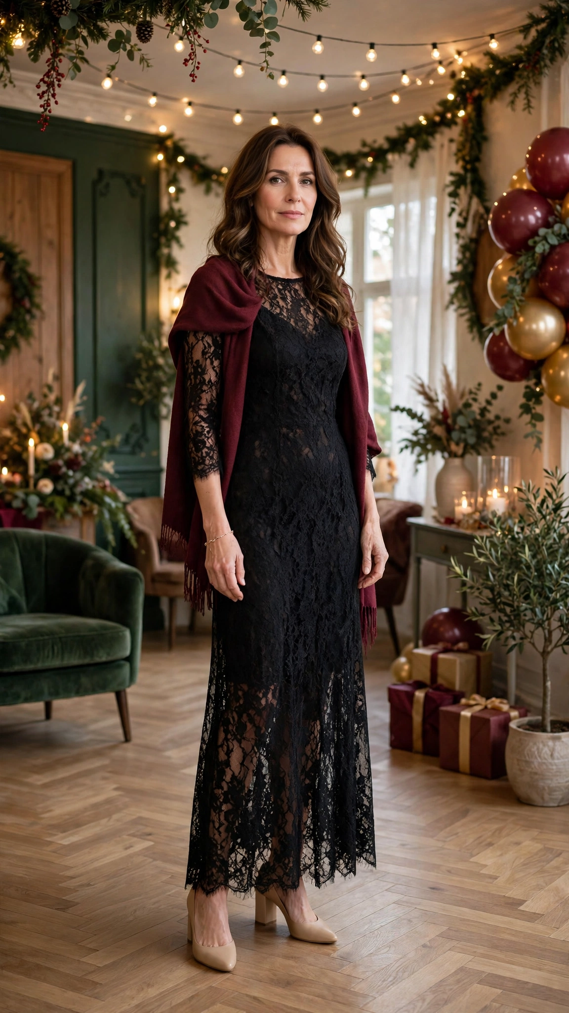 Black Lace Party Dress with a Burgundy Shawl and Nude Block Heels