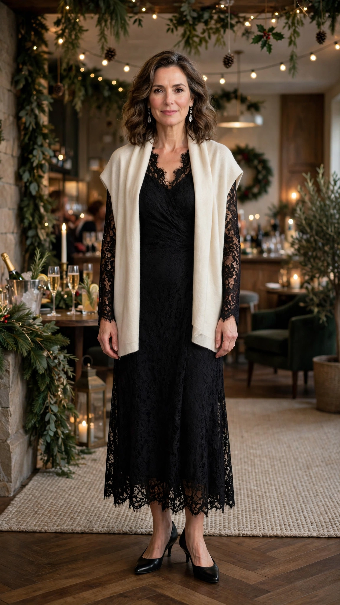 Black Lace Party Dress with a Cream Stole and Black Kitten Heels