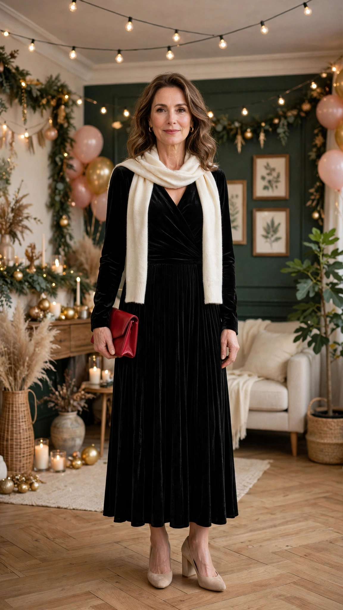 Black Velvet Party Dress with a Red Clutch and Nude Block Heels