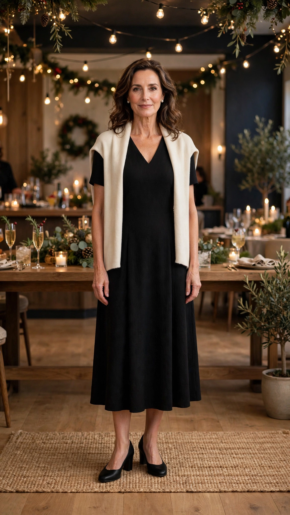 Black Party Midi Dress with a Cream Stole and Black Comfortable Heels
