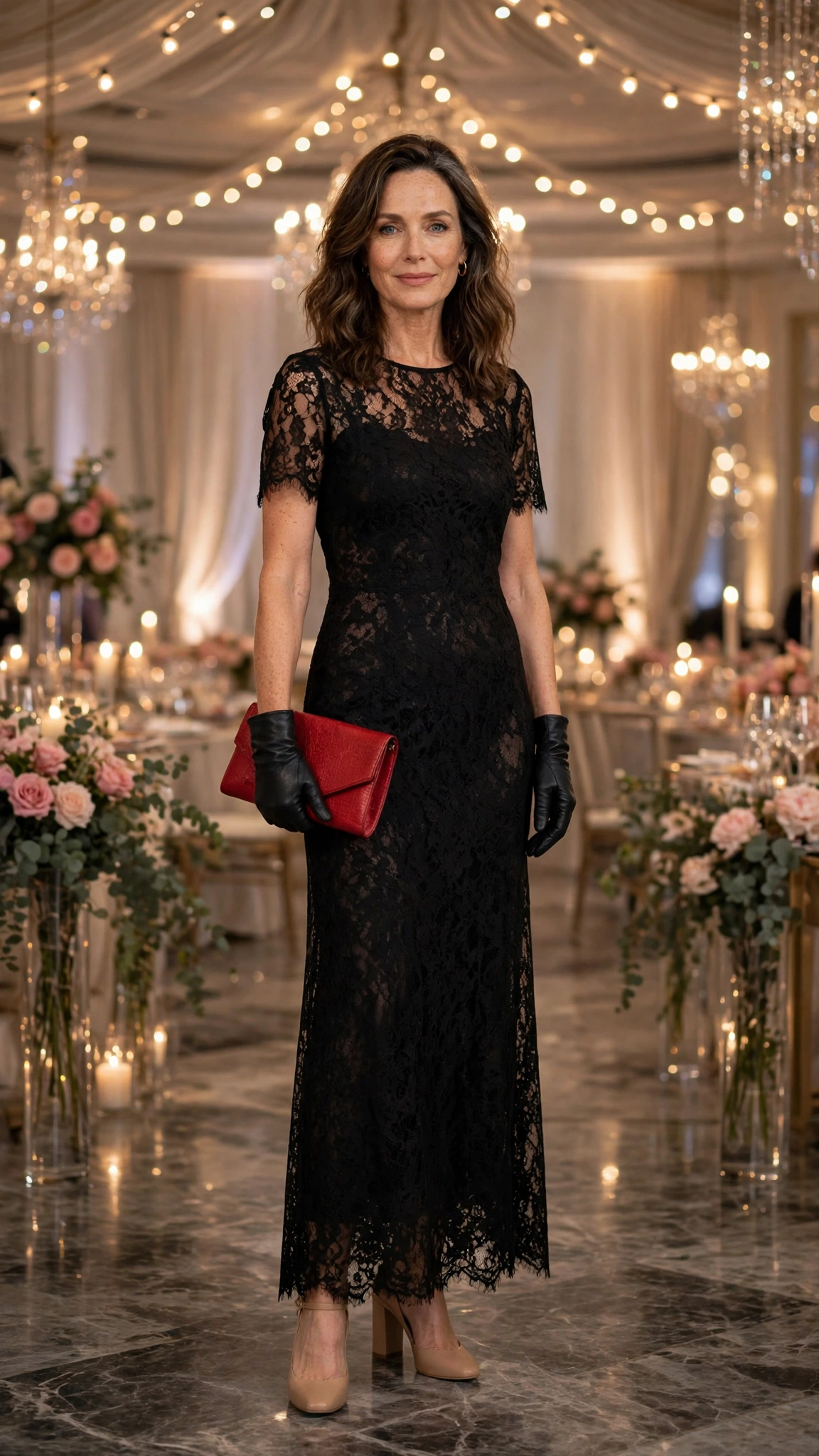 Black Lace Party Dress with a Red Clutch and Nude Block Heels