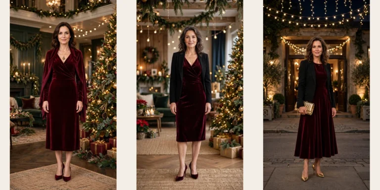 20 Women Over 40 Burgundy Velvet Dress Outfits for Holiday Parties That Are Chic, Warm and Elegant