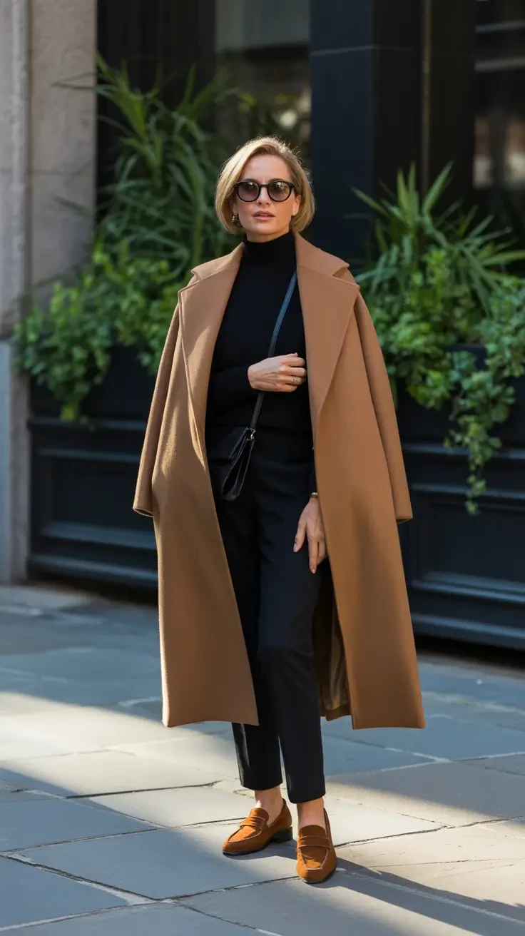 Camel Wool Coat with Black Trousers and Tan Loafers for a Monday Meeting