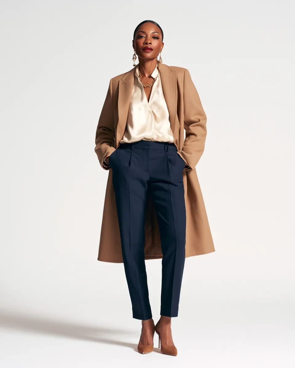 Camel Wool Coat with Navy Trousers and Tan Heels for a Client Meeting