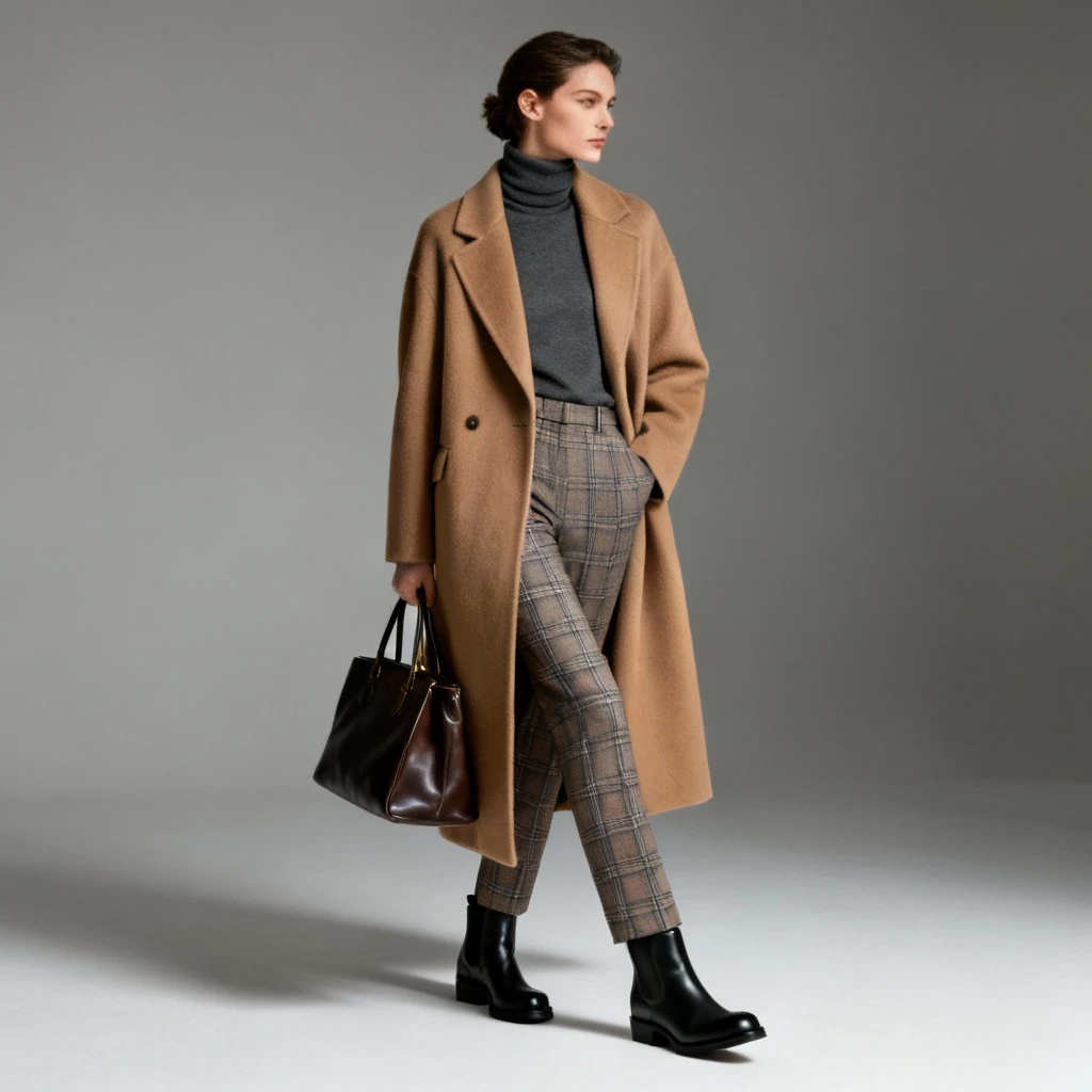 Camel Wool Coat with Grey Checked Trousers and Black Ankle Boots for a Cold Office Morning