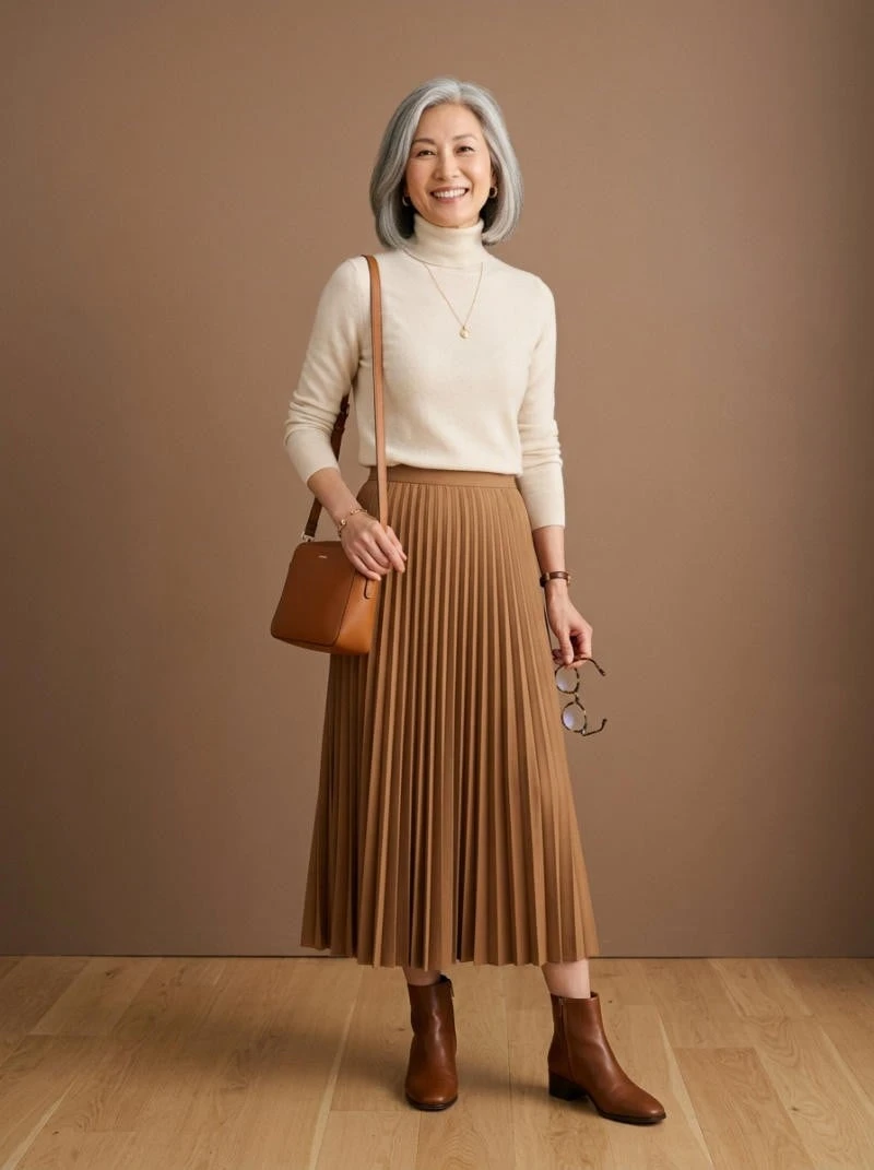 Camel Wool Coat with a Brown Pleated Skirt and Brown Boots for a Presentation Day