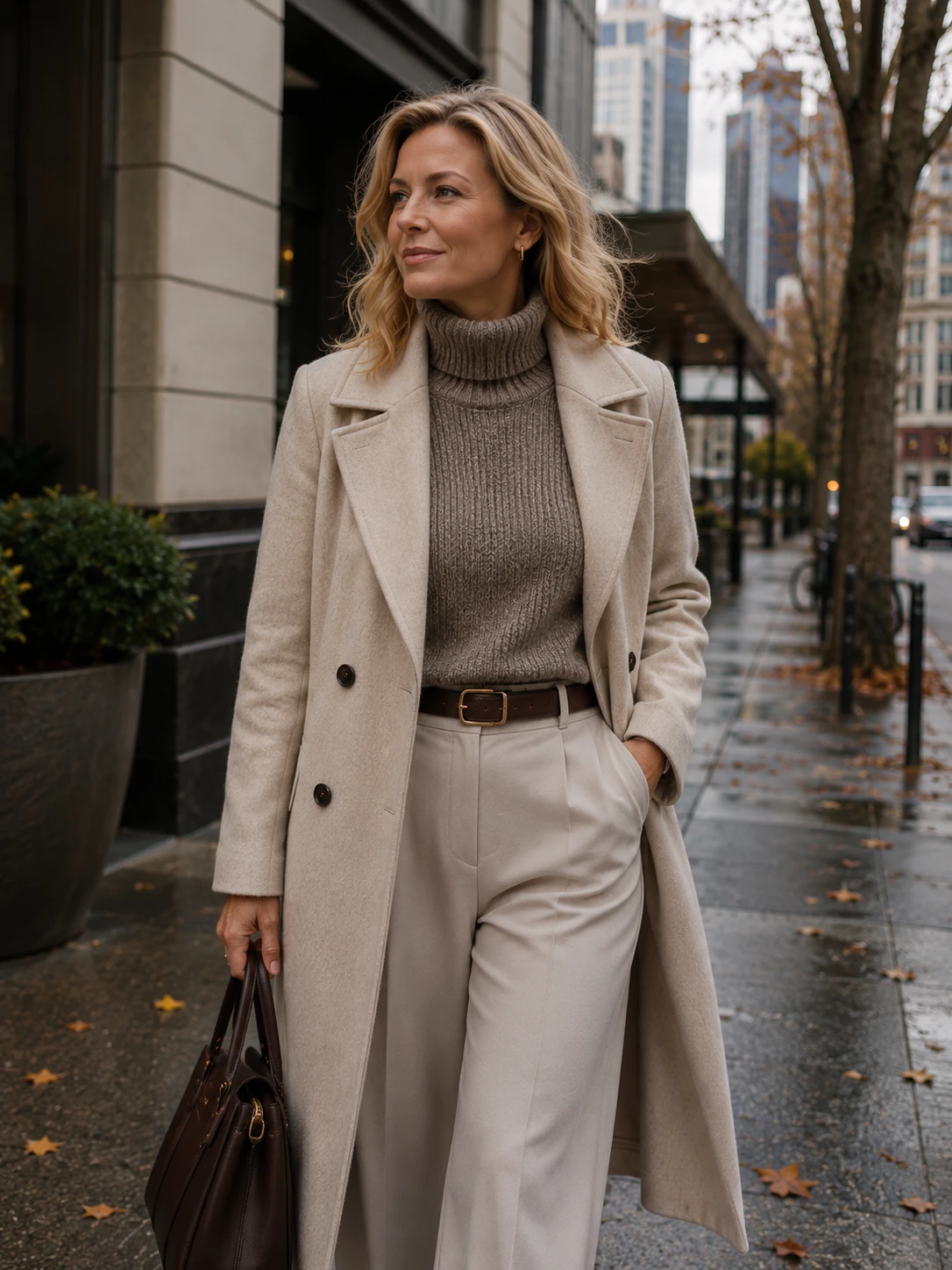 Camel Wool Coat with Beige Trousers and Brown Shoes for a Team Workshop