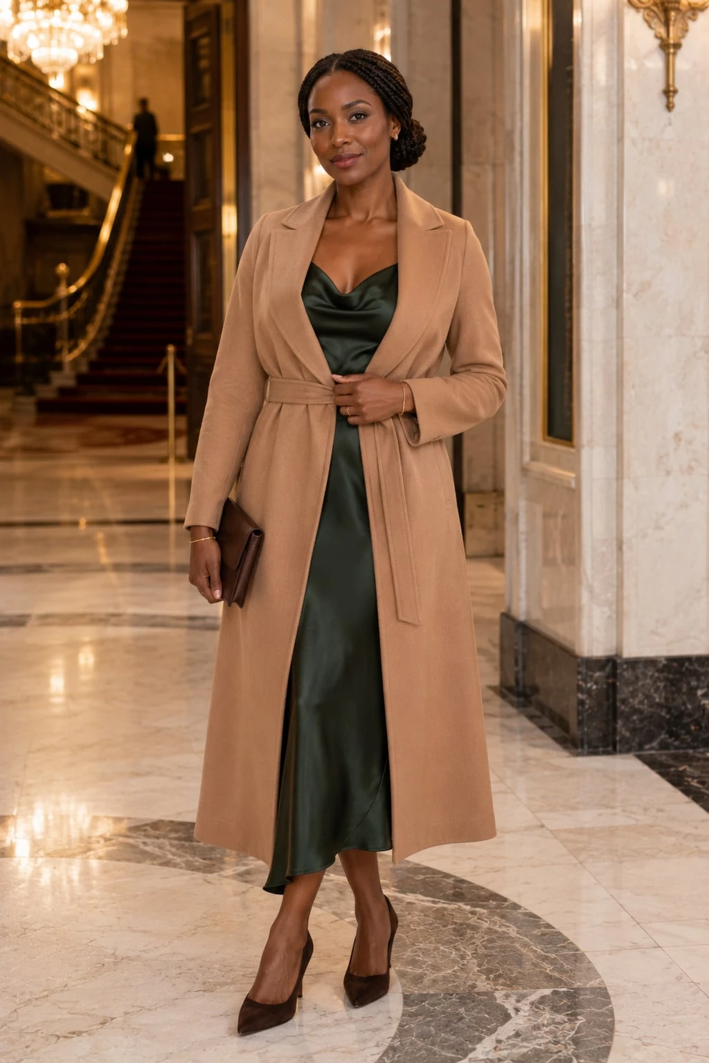 Camel Wool Coat with a Green Dress and Brown Heels for a Winter Work Dinner