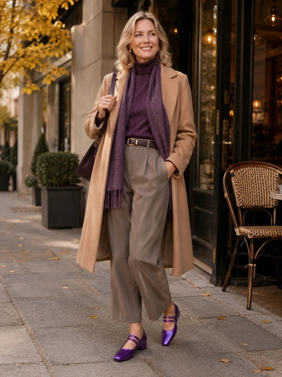 Camel Wool Coat with Burgundy Trousers and Purple Shoes for a Long Office Day