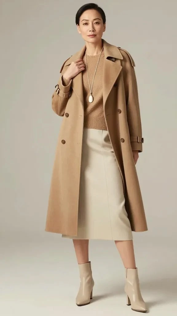 Camel Wool Coat with a Cream Skirt and Beige Boots for a Morning Briefing