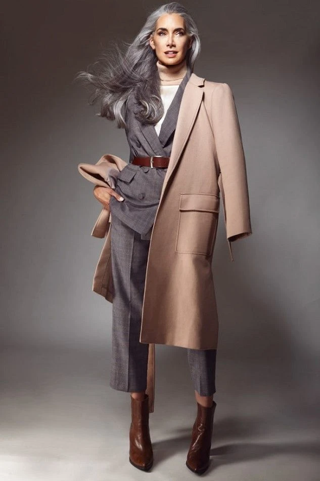 Beige Wool Coat with Grey Trousers and Brown Boots for a Winter Commute to Work