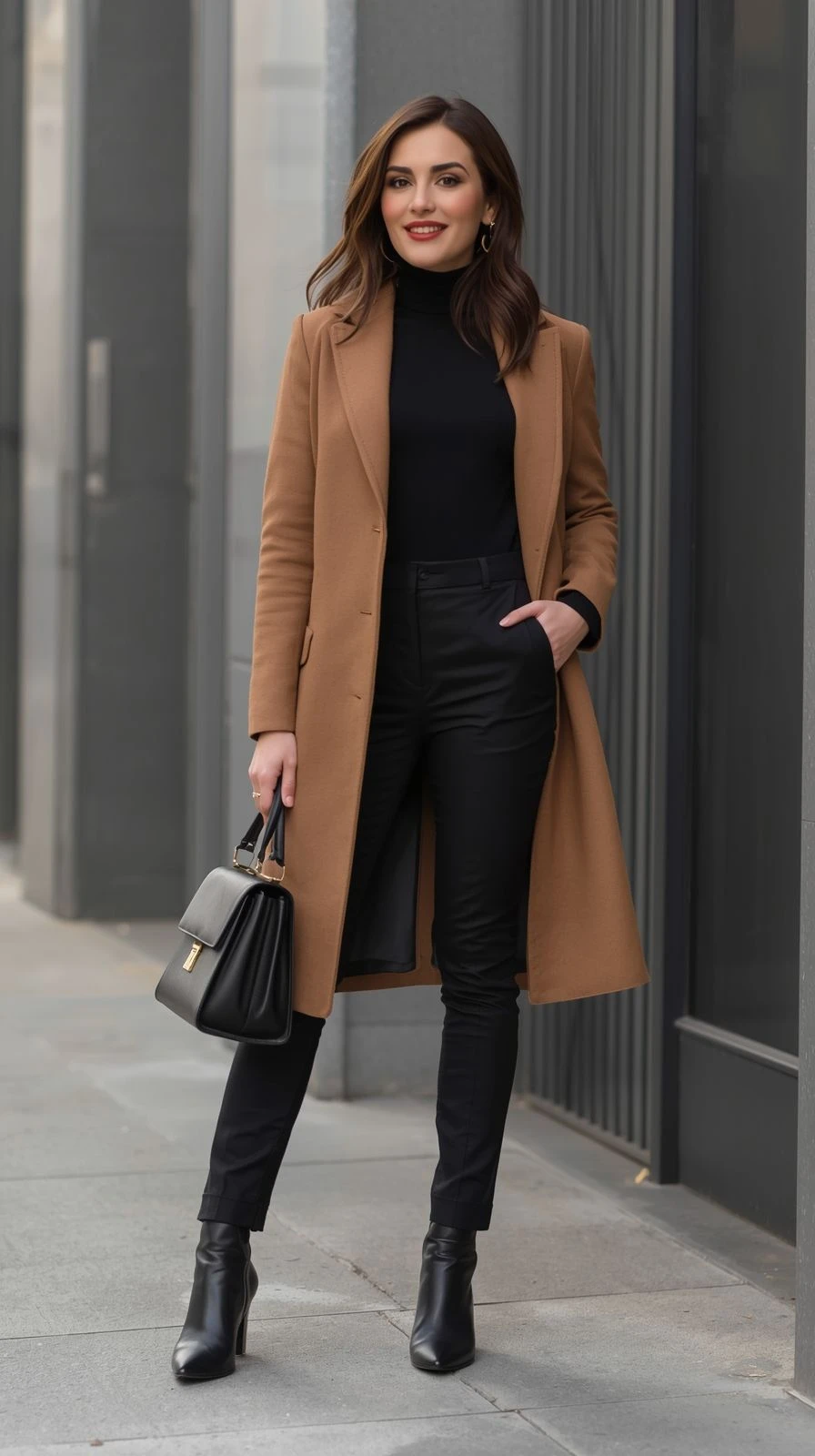 Camel Wool Coat with Black Trousers and Black Boots for a Job Interview