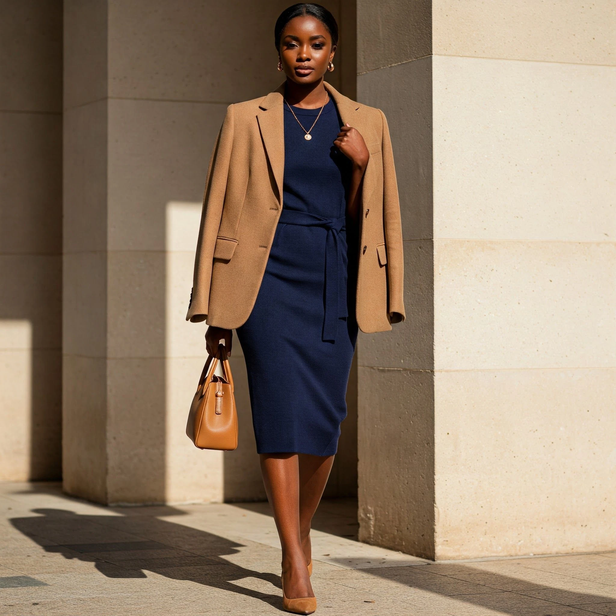 Camel Wool Coat with a Navy Dress and Tan Heels for a Conference Day
