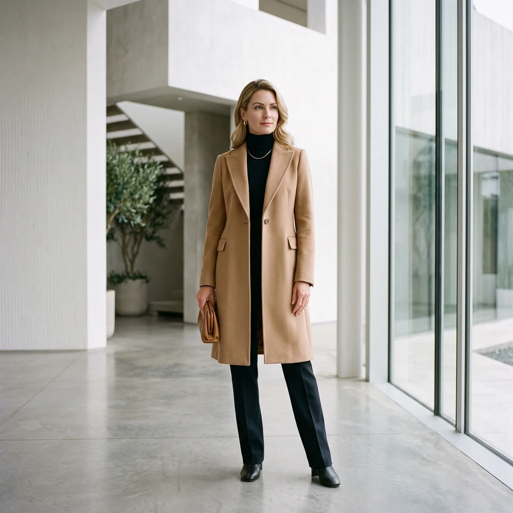 Camel Wool Coat with Black Trousers and Black Shoes for an Office Party