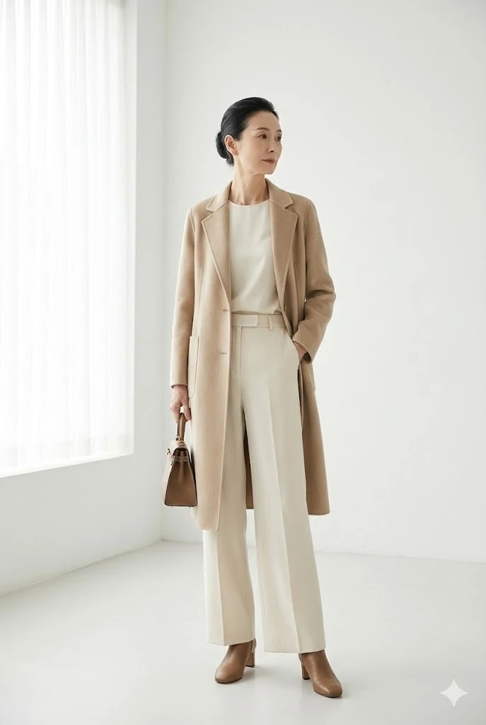 Beige Wool Coat with Cream Trousers and Tan Shoes for a Spring-Like Winter Office Day