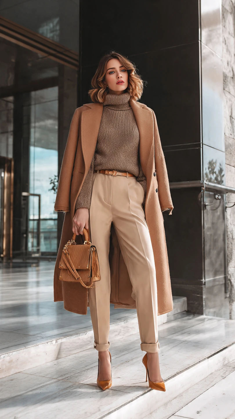 Camel Wool Coat with Beige Trousers and Tan Heels for a Creative Office Day
