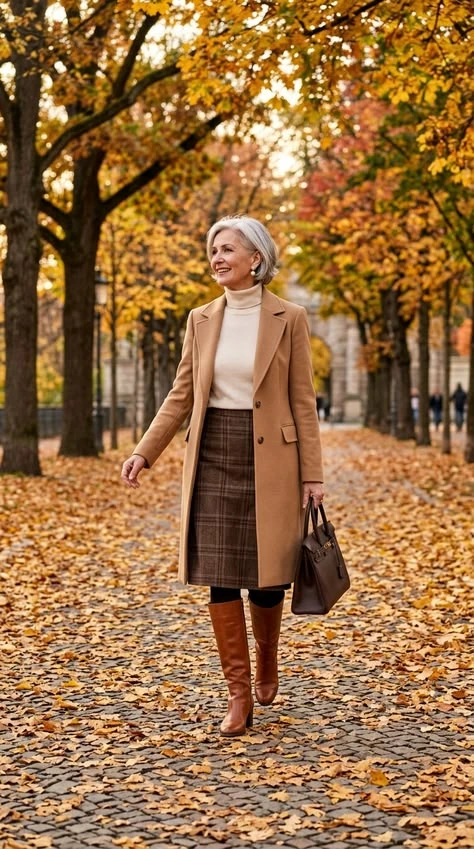 Camel Wool Coat with a Checked Skirt and Brown Boots for a Chilly Office Commute