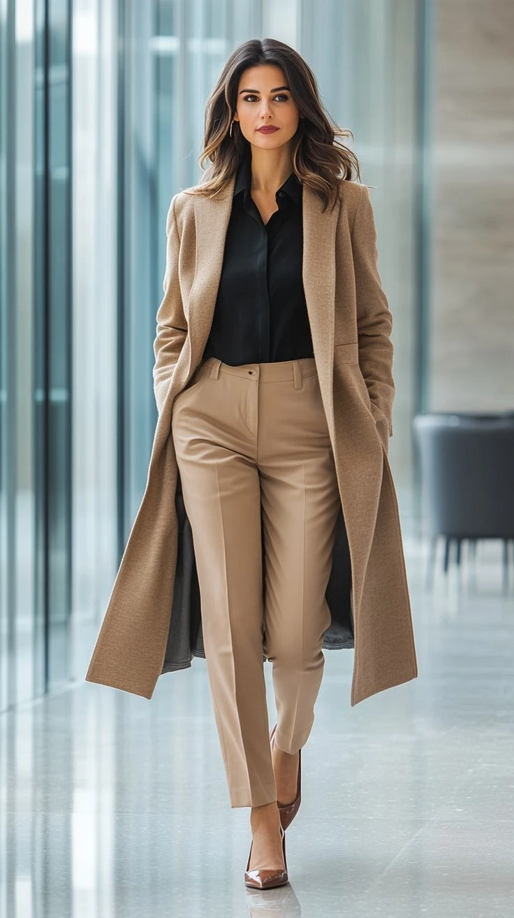 Camel Wool Coat with Beige Trousers and Tan Heels for a Field Office Visit