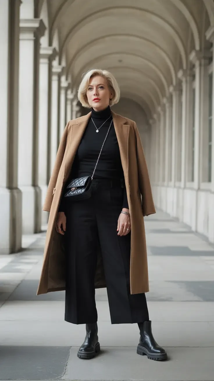 Camel Wool Coat with Black Trousers and Black Boots for a Modern Office Day