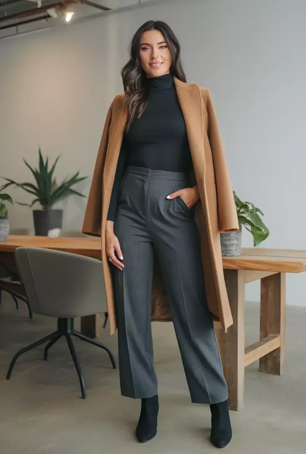 Camel Wool Coat with Grey Trousers and Black Boots for a Light Winter Office Day