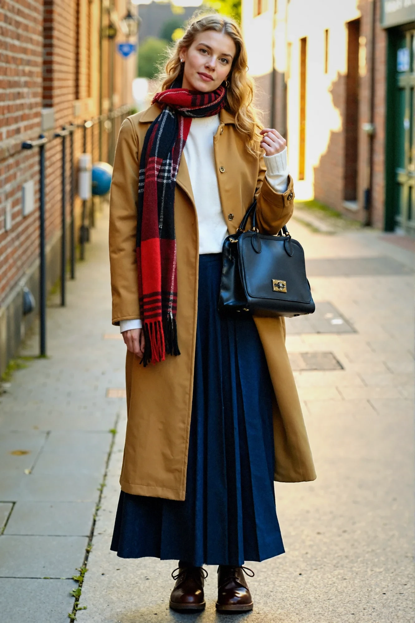 Camel Wool Coat with a Navy Pleated Skirt and Brown Shoes for a School Office Visit