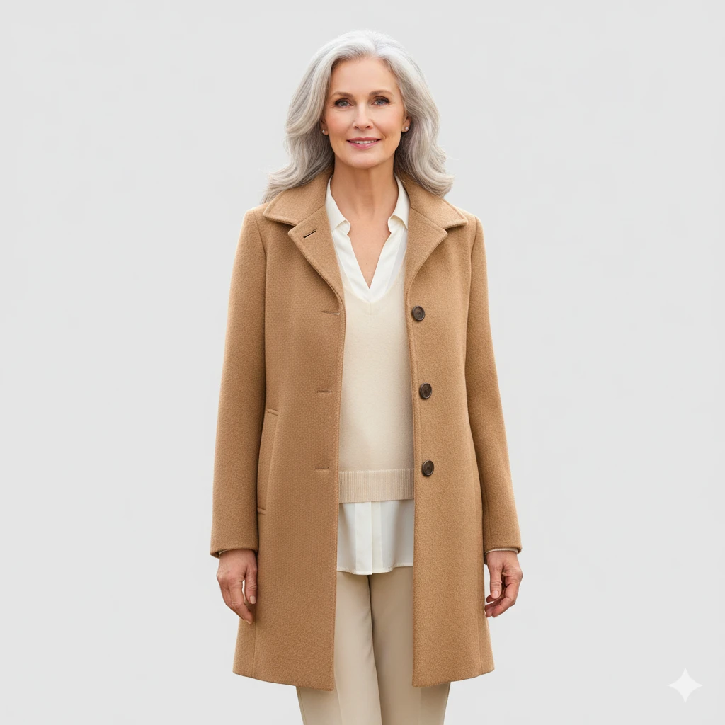 Camel Wool Coat with Cream Trousers and Nude Shoes for a Bright Office Morning